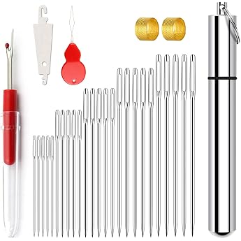 Redamancy Sewing Needles Large Eye Needles 25 Pieces Large Eye Needle 5 Sizes of Steel Sewing Needles Embroidery Needles with 1 Aluminium Storage Tube 2 Thimbles 2 Threaders 1 Seam Ripper