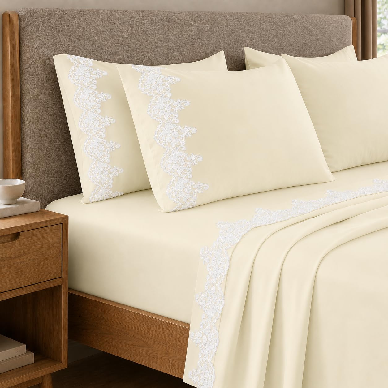 PETTI Artigiani Italiani - Percale Double Flat Sheet with Lace Percale Double Bed Sheet Set Lace Cream 100% Made in Italy