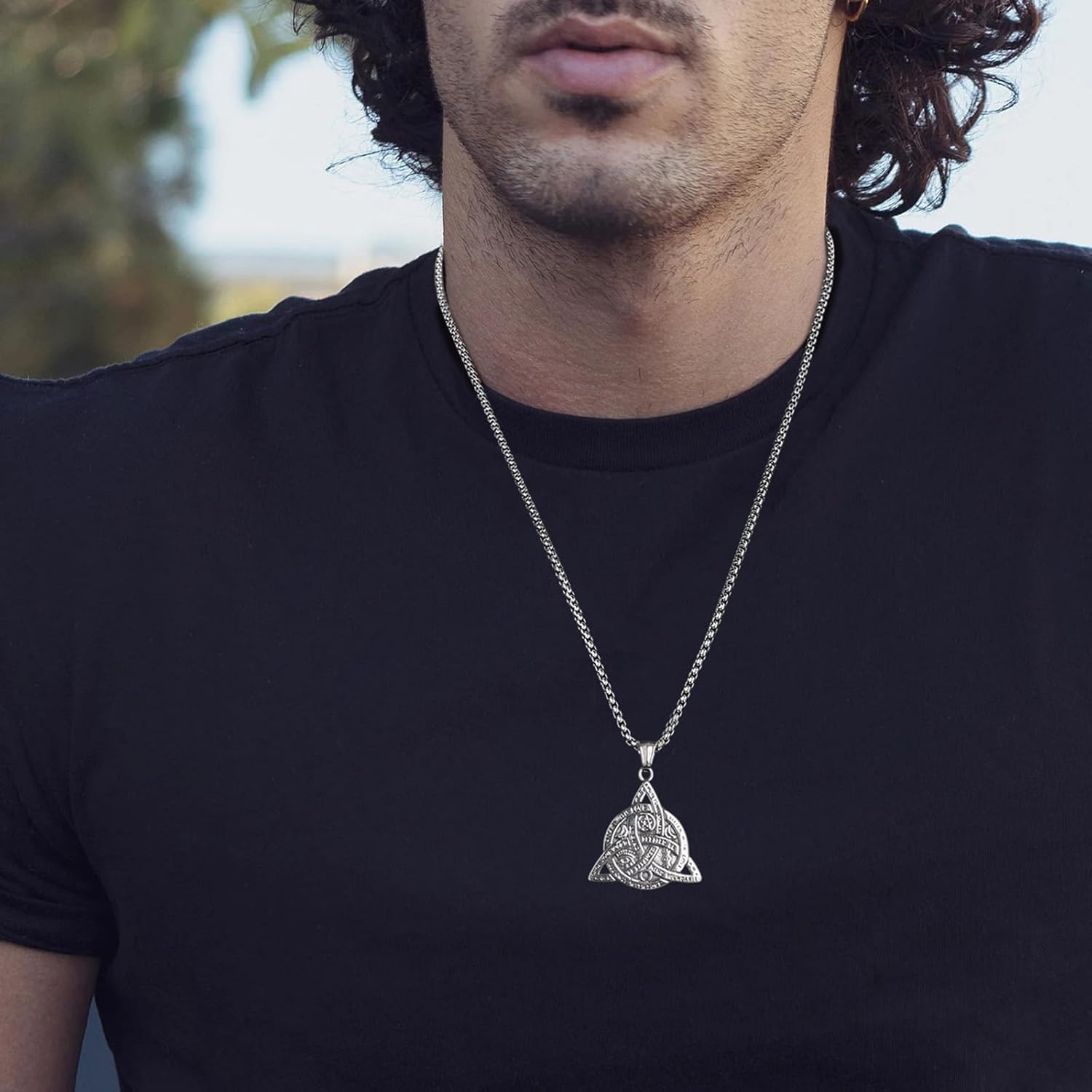 HZMAN Double Sided Stainless Steel Triple Goddess Triquetra Necklace Celtic Knot Irish Christian Trinity Knot Pendant - Image 3