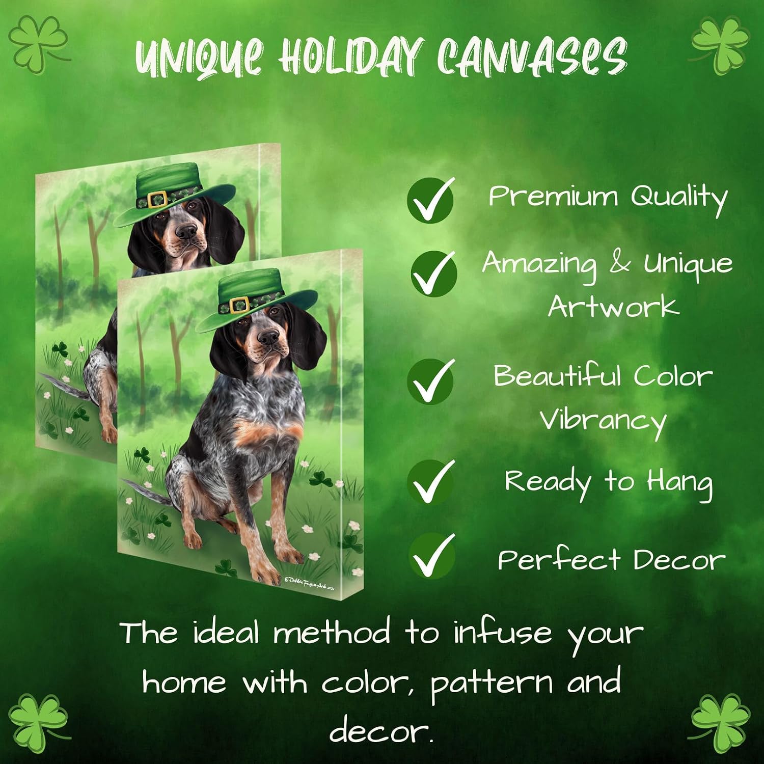 St. Patricks Day with Bluetick Coonhound Dogs Canvas Wall Art - Premium Quality Ready to Hang Room Decor - 1.5" Thick Canvas Wrap 11" x 14"
