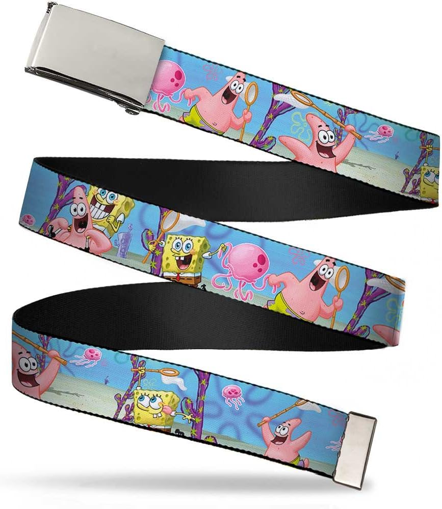 Adjustable Belt, Clamp Buckle, Cut-to-Fit, SpongeBob Patrick Starfish Jellyfishing Scenes