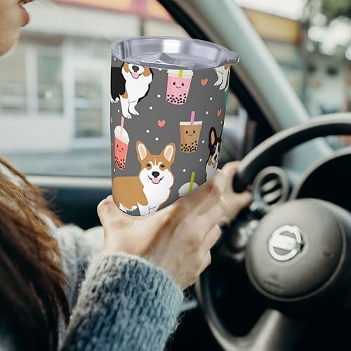 Miniatura 7 de Vaso de acero inoxidable de 20 onzas con tapa con aislamiento al vacío, lindo vaso de automóvil aislado de Corgi para viajes, taza de café con