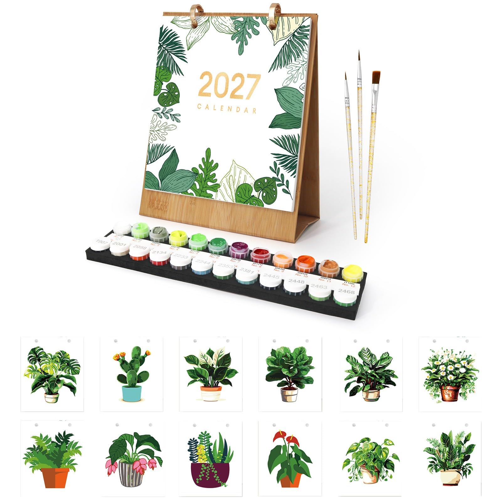 CXINLky Desk Calendar 2027, Painting by Numbers Flower Calendar to Stand Up with Brush, Acrylic Paint and Base for Gifts and Home Decoration 03 Plant 2027