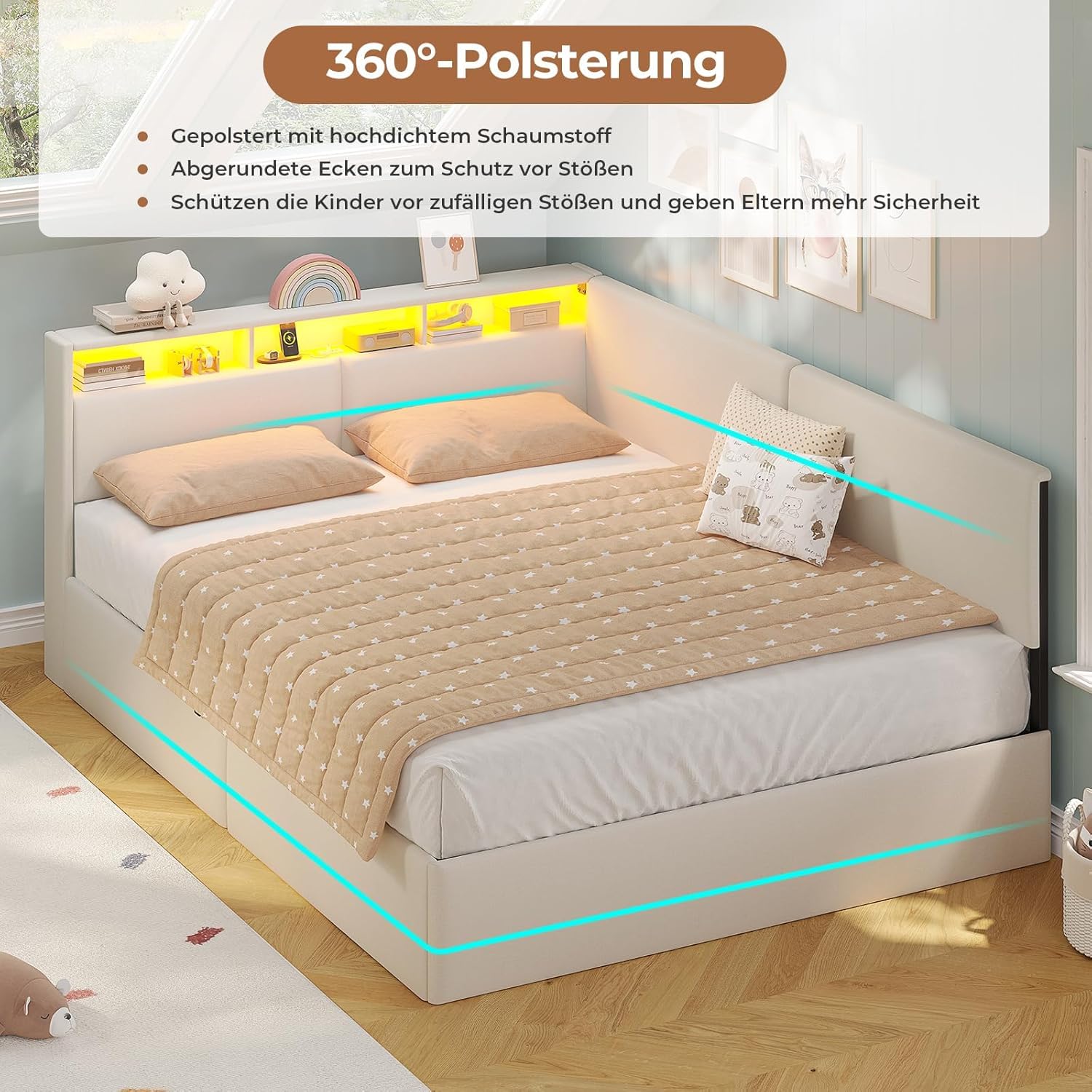 AOGLLATI Canapé 140x200 cm con Almacenamiento Hidráulico, Sofá Cama Matrimonio con Cabecero Tapizado y Luz LED Regulable, Estructura Camas Matrimoniales con Estación de Carga, Cama Juvenil, Beige
