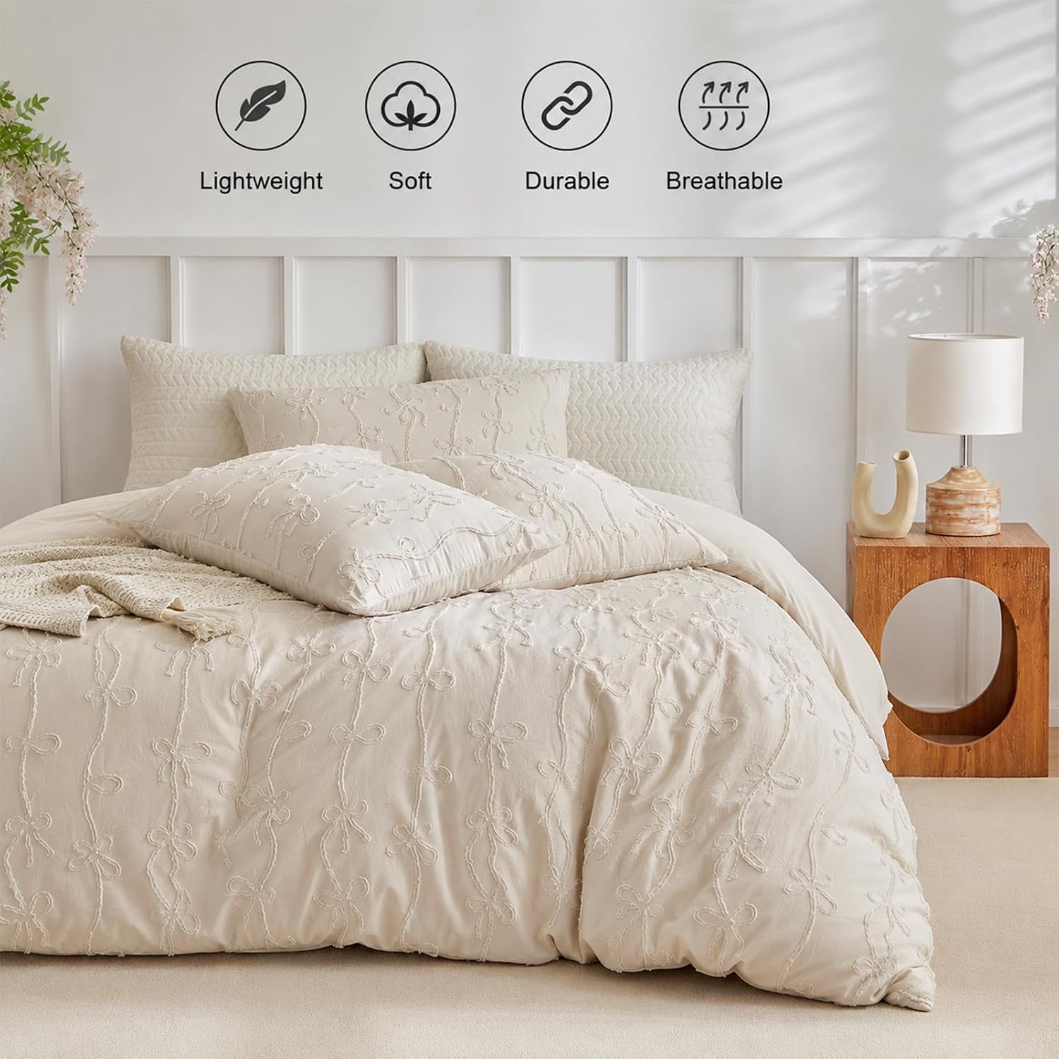 Warmstar Boho Duvet Cover King Size, 3 Pieces Tufted Duvet Cover Set, Textured Floral Jacquard Bedding Set Soft Aesthetic Comforter Cover for All Seasons, Comforter Not Included,104" x 90",Khaki