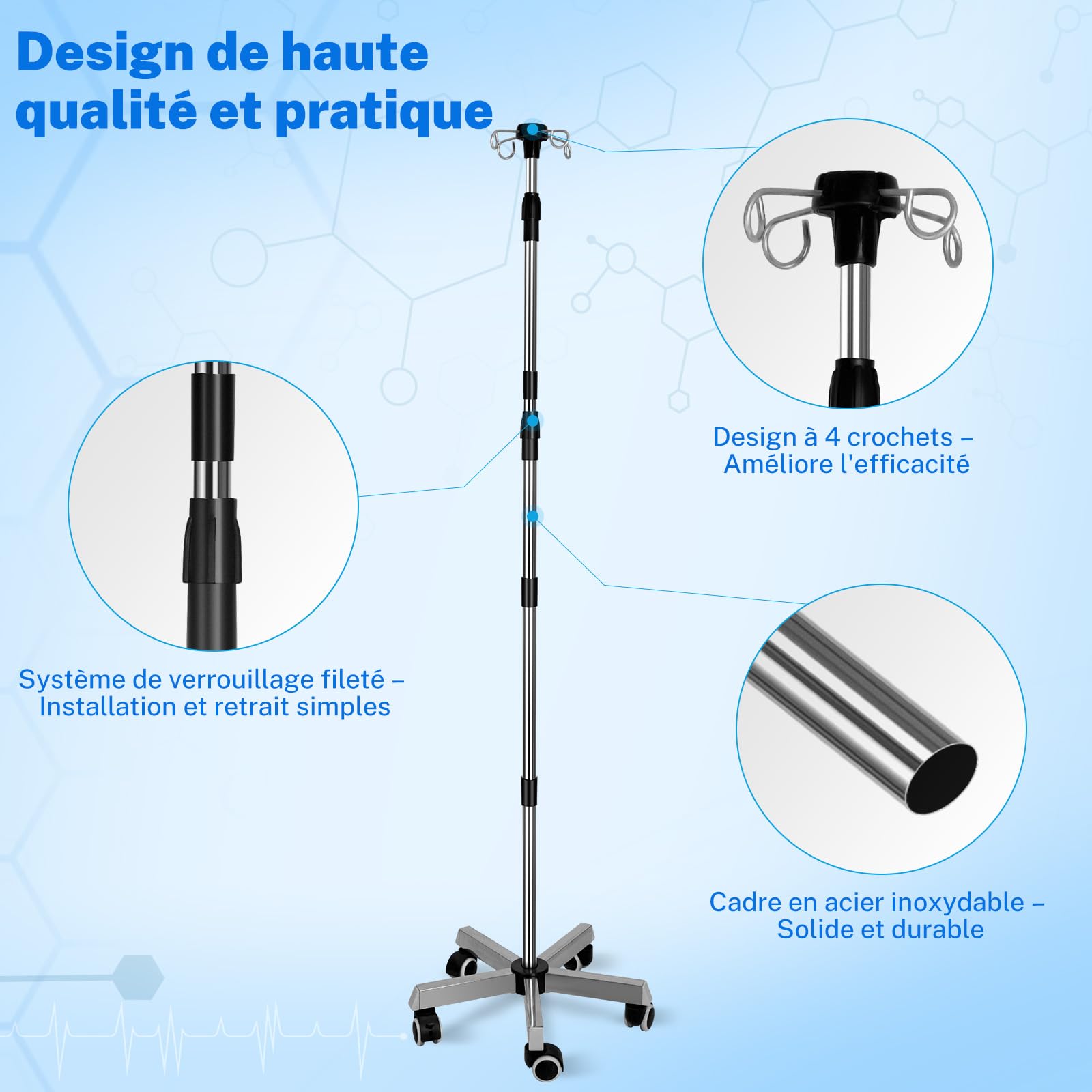 Infusionsständer mit 4 Haken und 5 Beinen, Rollen mit Feststellbremse, Verstellbare Höhe von 164 bis 206 cm, Tragbarer Medizinischer Infusionsständer, Edelstahl