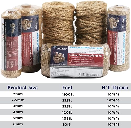 Miniatura 6 de PerkHomy - Cuerda de yute de 0.157in y 120 pies para proyectos de manualidades, rascador de gatos, poste rascador, árbol, jardinería, arte,