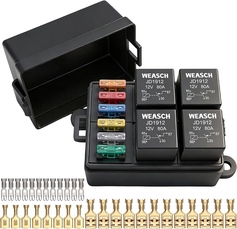 Caixa de fusíveis e relés Weasch 12 V com 6 vias, 4 relés de 4 pinos 80 A e fusíveis ATC/ATO – Kit