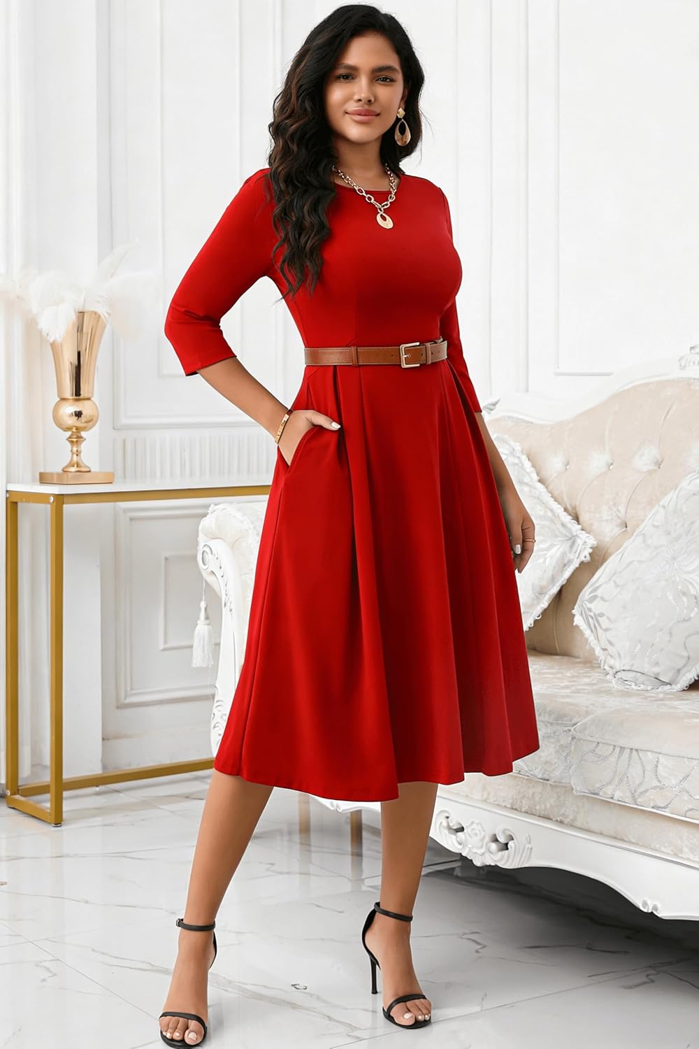 NMODER Womens Cocktail Dress 3/4 Sleeve Elegant Church Dresses for Women Midi Work Crewneck Dress with Pockets - Image 3