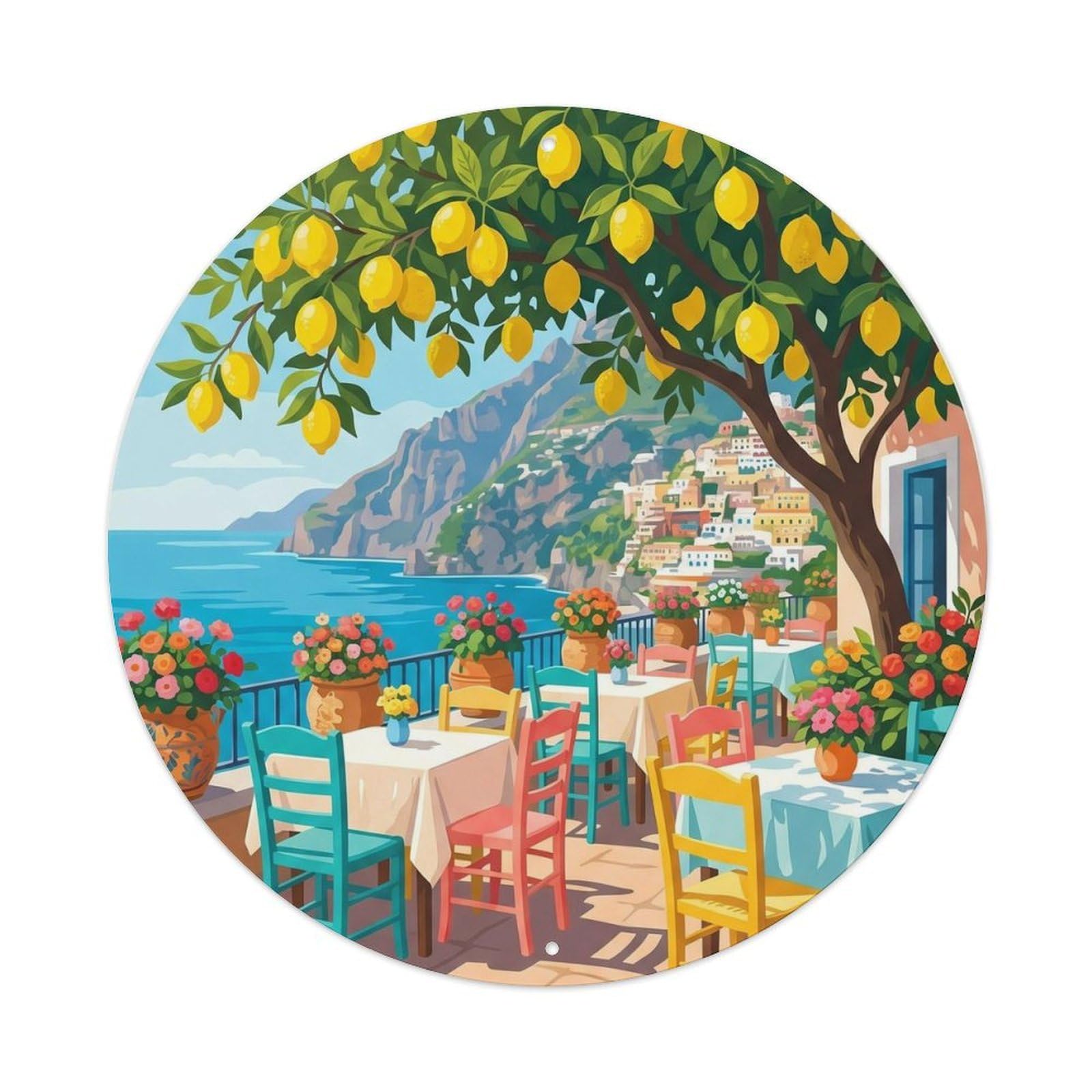 Italian Seaside Coastal Roadside Cafe Classic Travel Metal Tin Sign Plaque Wall Decor for Cafe, Man Cave, Club Bar, Office, Home Garden Round Metal Poster 8x8Inch