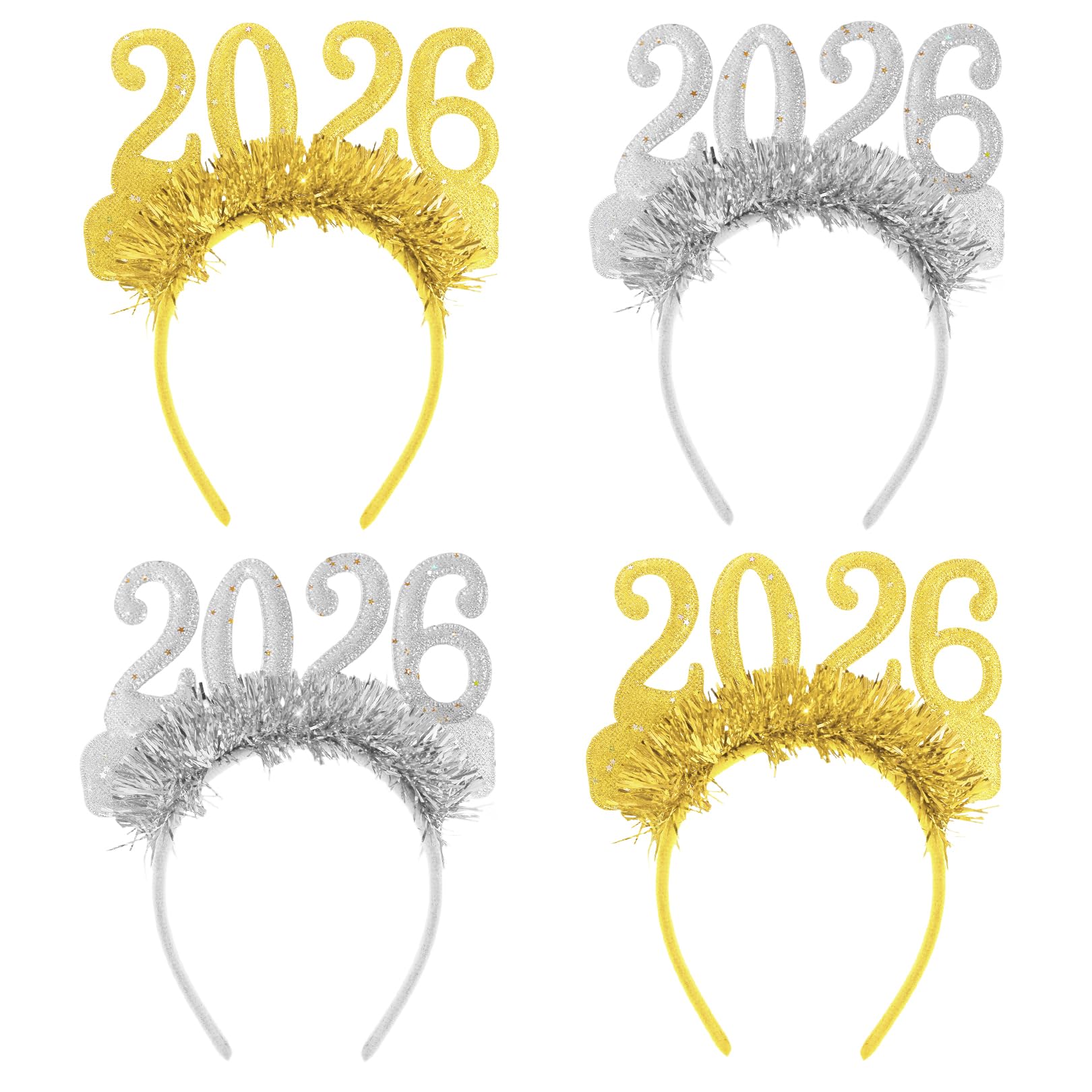 Fogcosy Men's Gold, Silver 2026 Happy New Year Headband - 4 Pcs New Years Eve Decorations 2026, Gold And Silver Glitter Costume Hair Accessories, Photo Props For Festive Holiday Countdown Events Birthday Decorations Hair Access
