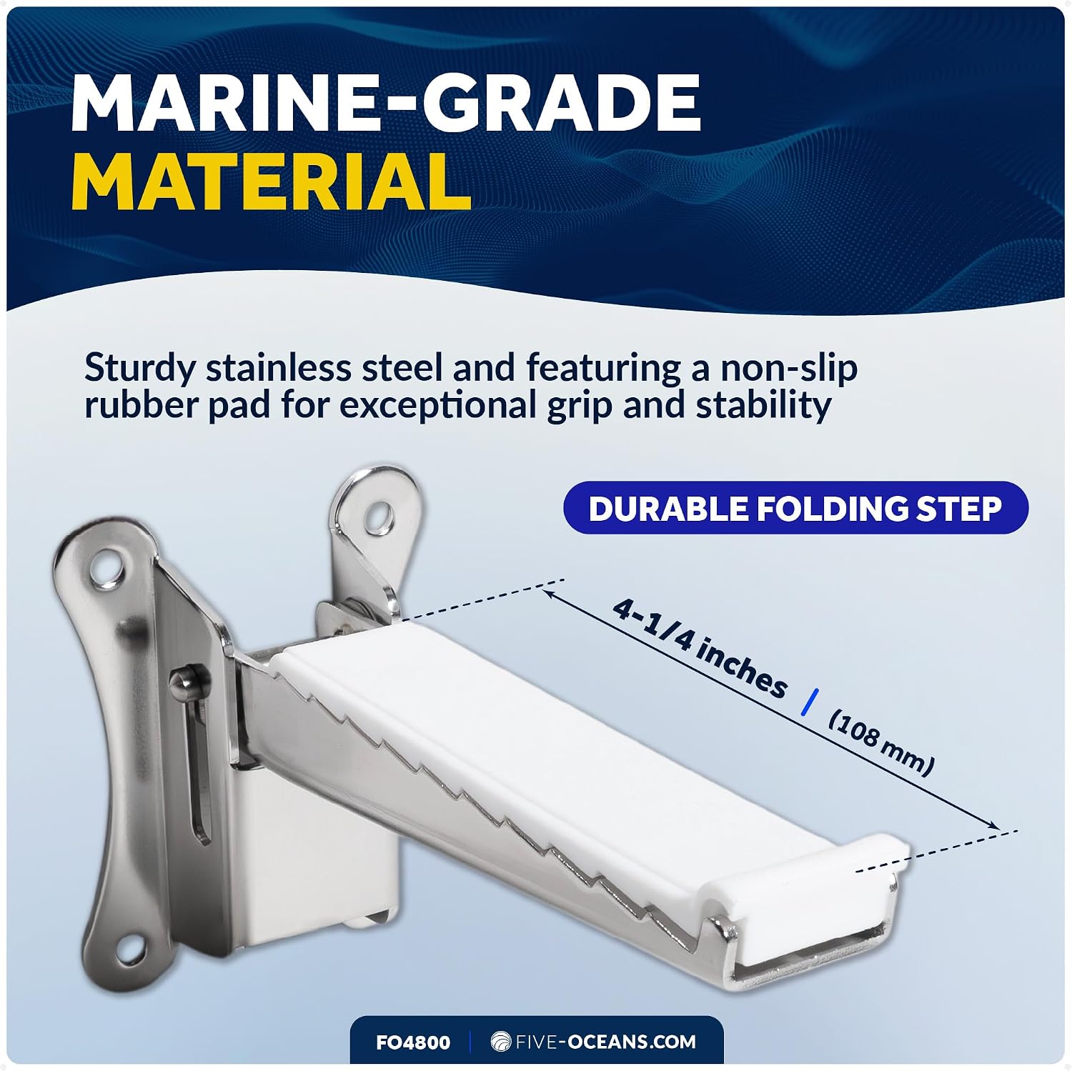 Five Oceans Folding Step, Folding Mast Step - Stainless Steel with Rubber Pad for Secure and Safe Access, 4-1/4 Inch (108mm) Step Length - Ideal for Marine Use - FO4800