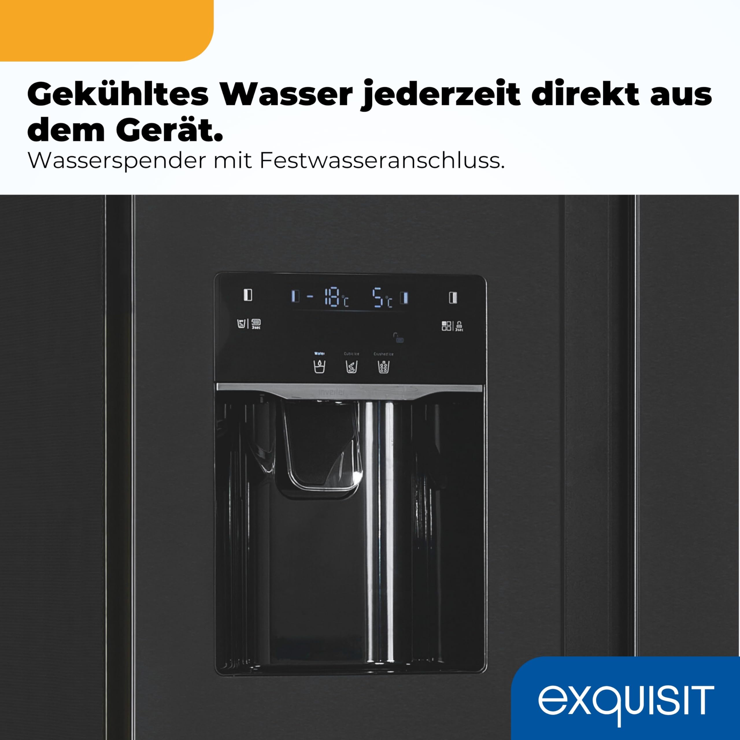 Exquisit Side-by-Side Kühlschrank 513 l, No Frost, Wasserspender | Ice-Maker, Energieklasse E, 39 dB, Inox-Look – 177,5 x 91,0 x 66,0 cm, wechselbarer Türanschlag