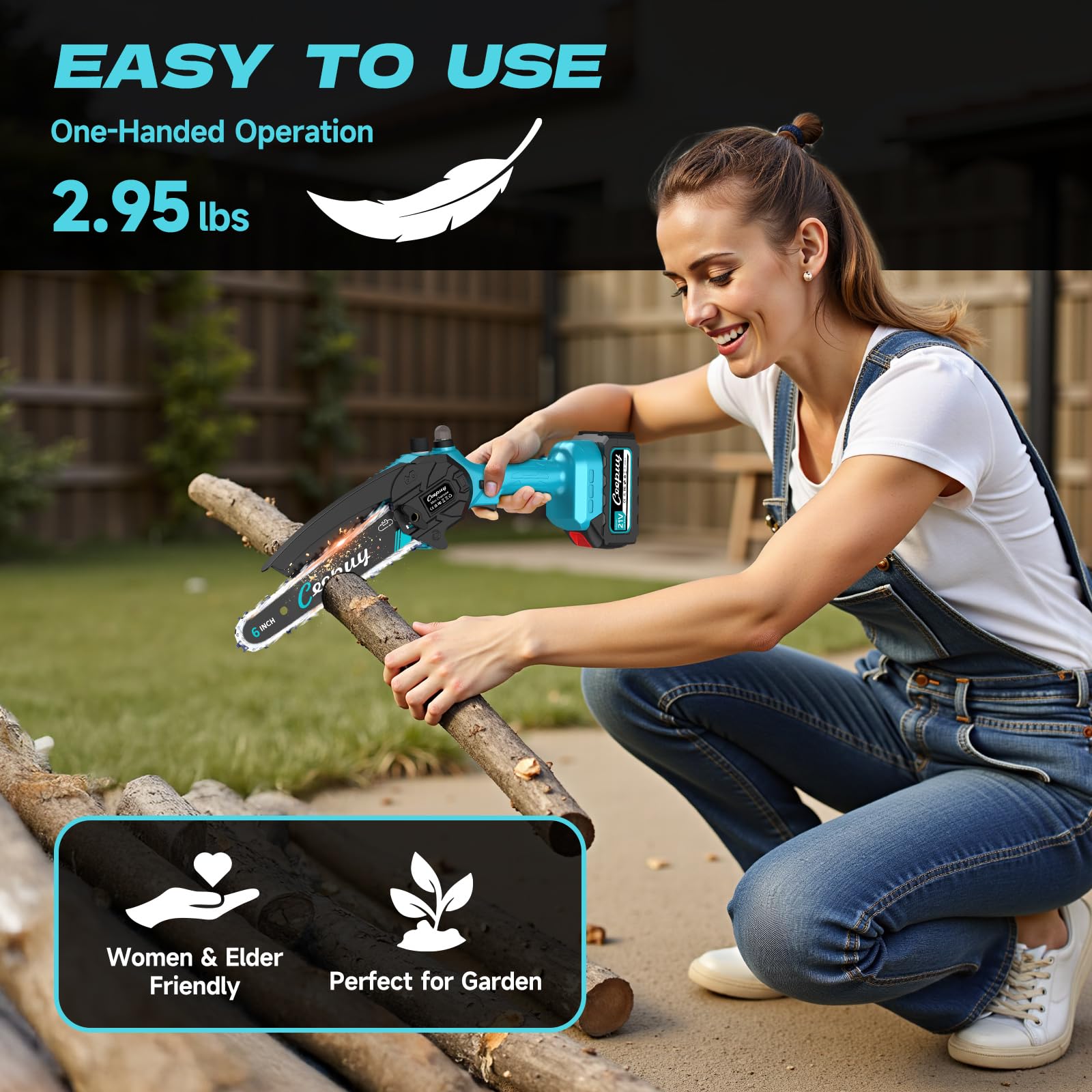 Mini Akku Kettensäge 6 Zoll mit 2x 4000 mAh Akku, 880 W Reinkupfermotor, Sicherheitsverriegelung – Elektrische Handkettensäge für Garten, Äste und Holz