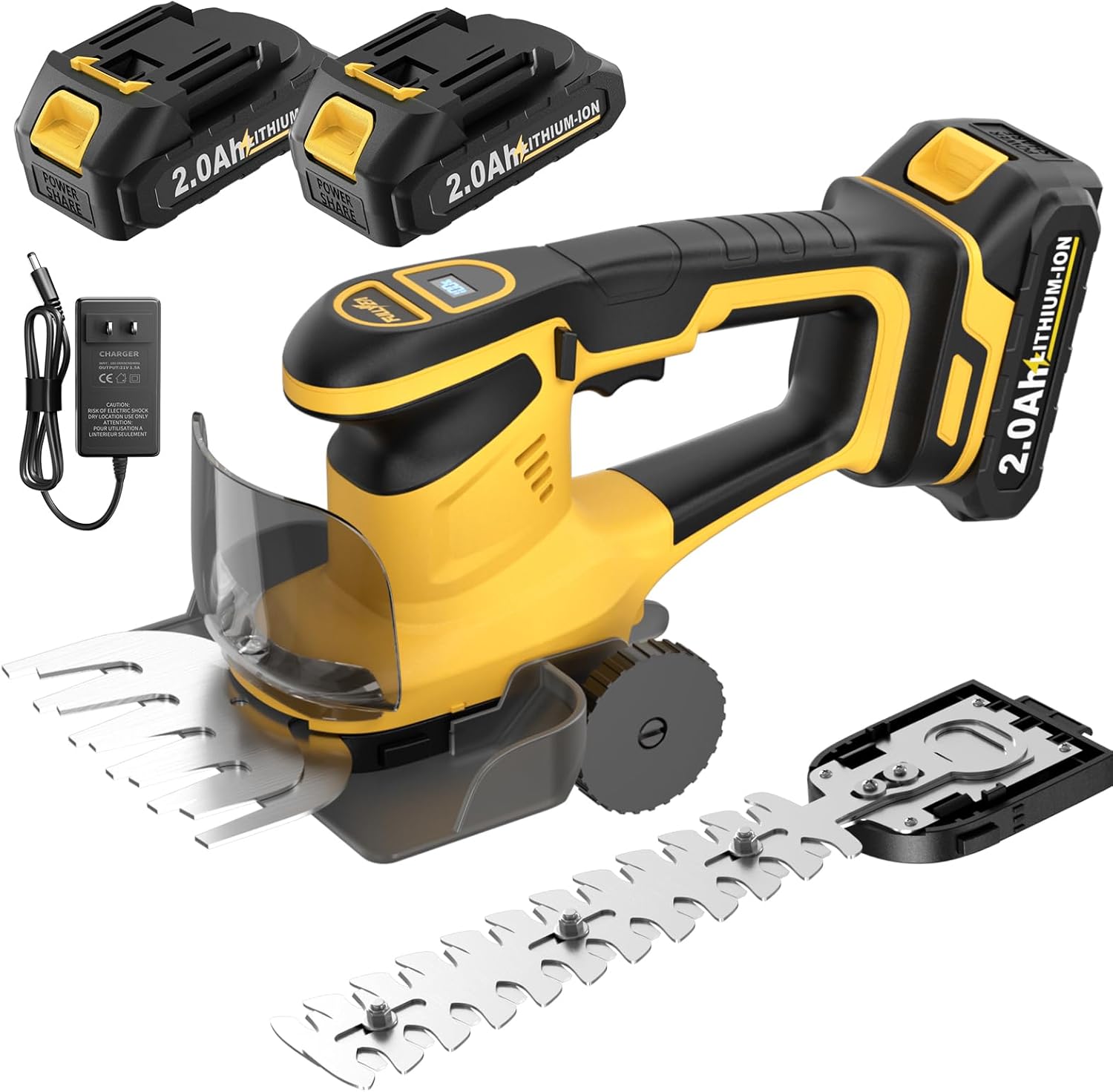 FULLYEA Cordless Hedge Trimmer, 2-in-1 Electric Shrub Trimmer & Grass Shear, Lightweight Bush Trimmer with 2 Blades & 2*2.0Ah Batteries, Handheld Grass Trimmer, Battery Powered Hedge Cutter (Yellow)