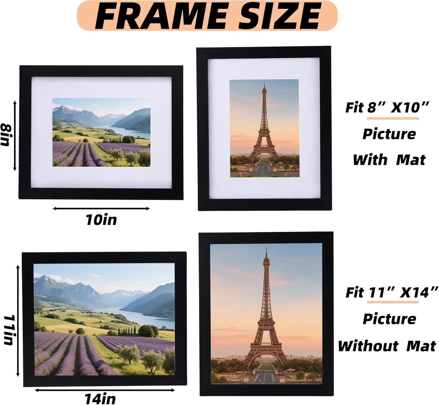 6 Pcs 11x14 Black Picture Frame - Display Pictures 8x10 with Mat or 11 x 14 without Mat - Black Wood Picture Frames for Wall Mounting - Wooden Photo Frame for 11 14 Matted to 8x10 Print Set of 6