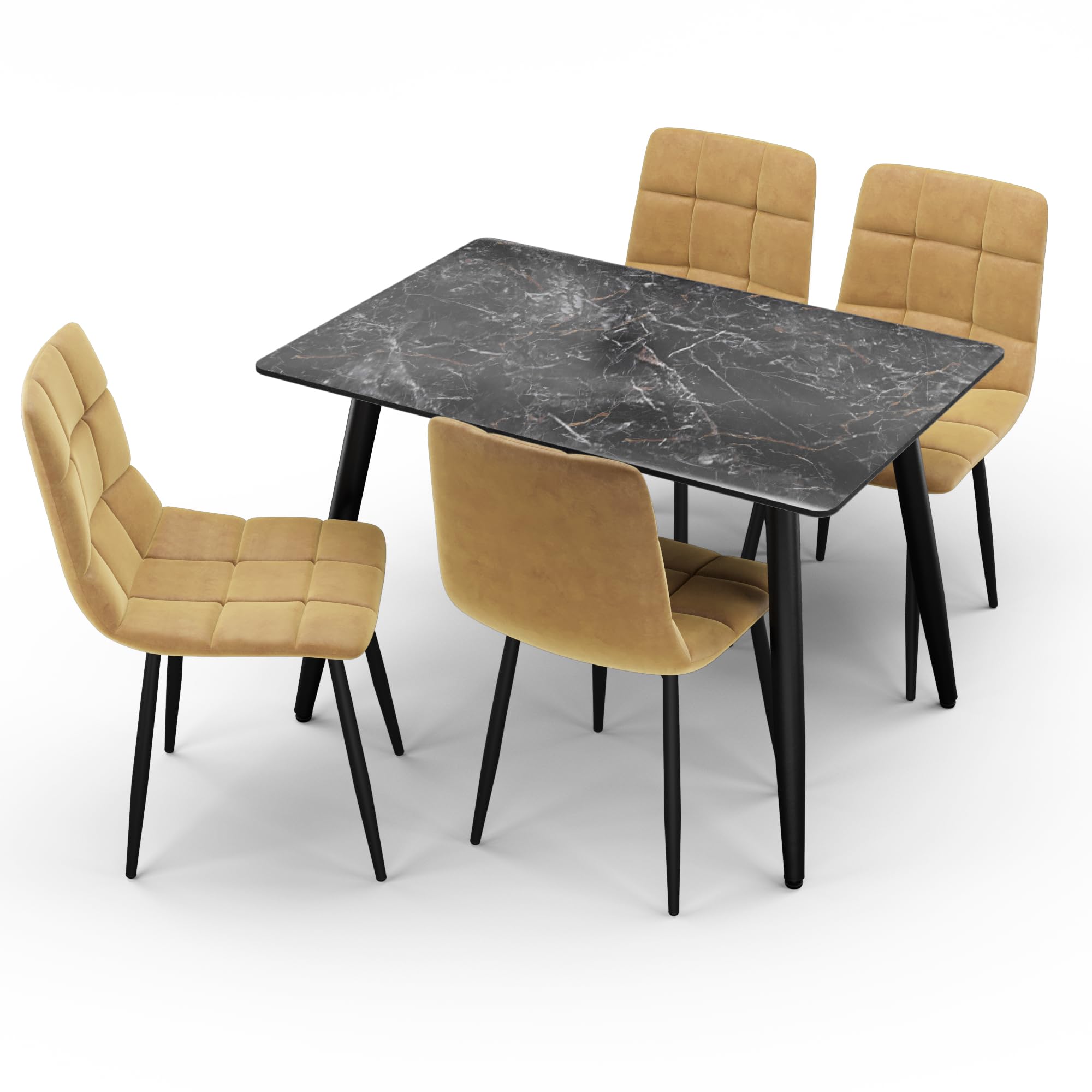 URBNLIVING 120cm Modern Ceramic Top Dining Table & 4 Comfortable Plush Velvet Chairs with Metal Legs Set for Kitchen, Dining Room