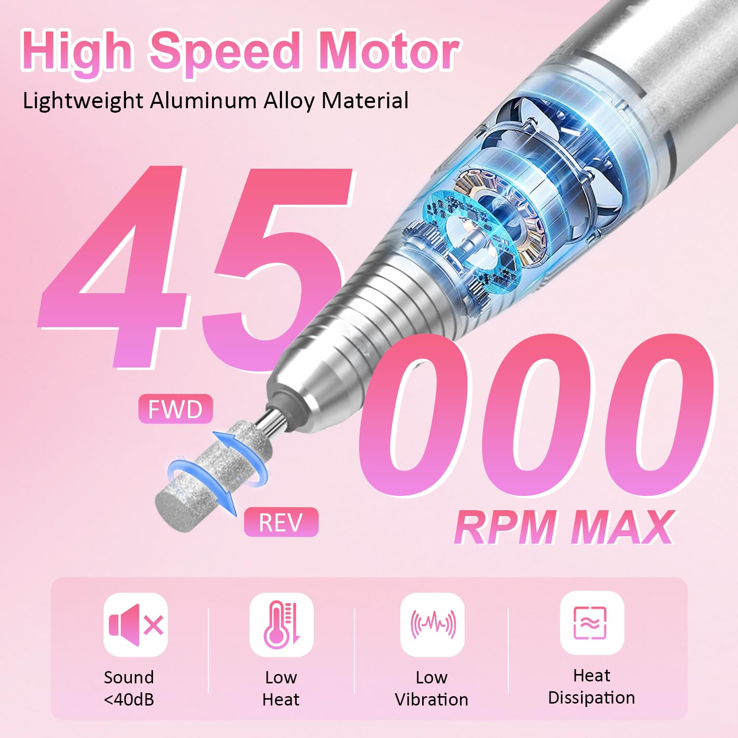 45,000RPM Fräser für Gelnägel, Elektrische Nagelfeile mit Lcd-Display, mit Maniküre Pediküre Zubehör Set für den Heimgebrauch und Nagelstudios Golden