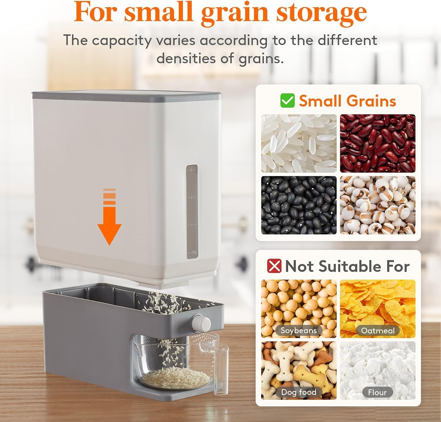 HEITIGN Rice Dispenser 26 Lbs, Airtight Storage with Measuring Cup