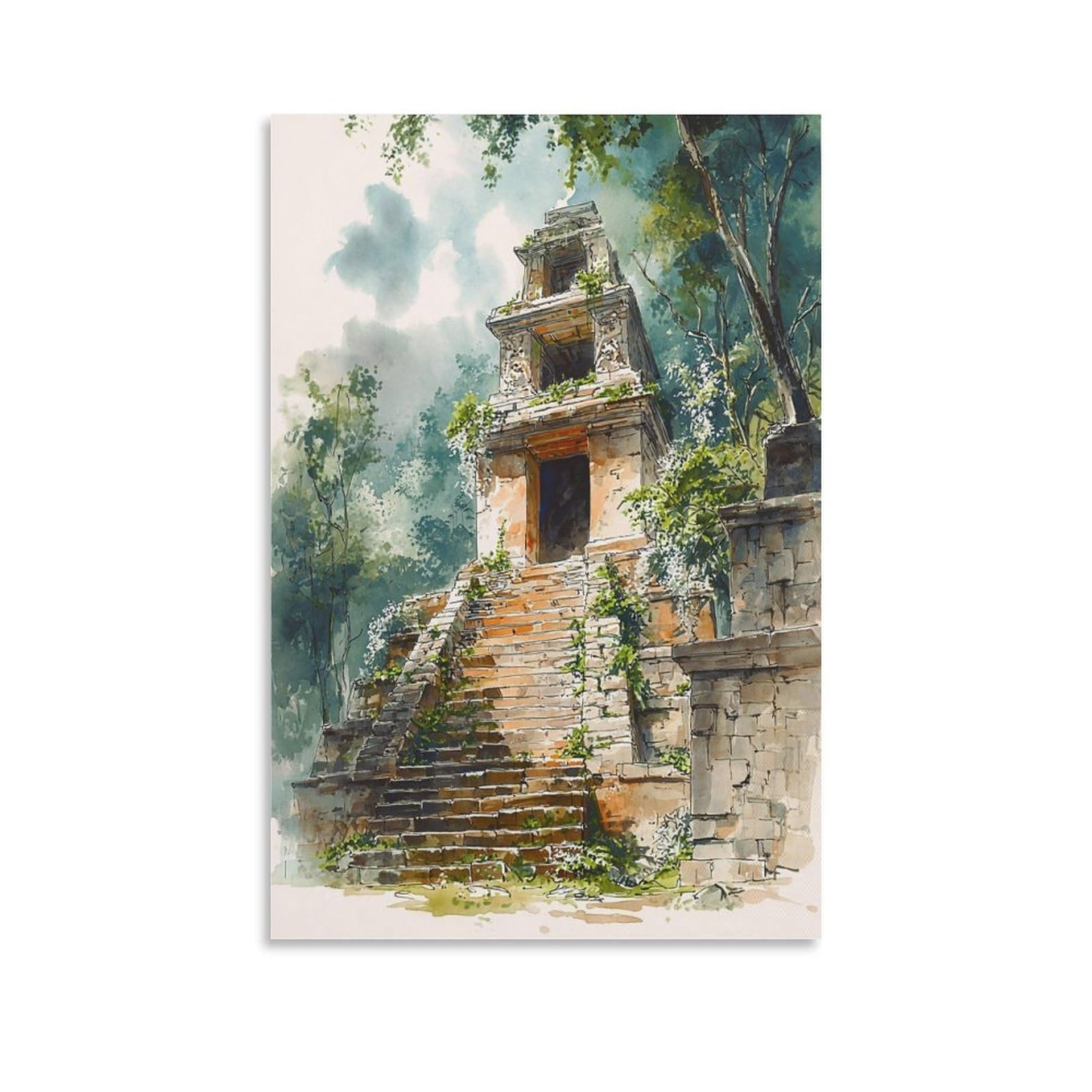 LCYNNH Tikal Maya Jaguar Watercolor Guatemala 24x36inch(60x90cm) Vintage Travel Poster Watercolor Canvas Art