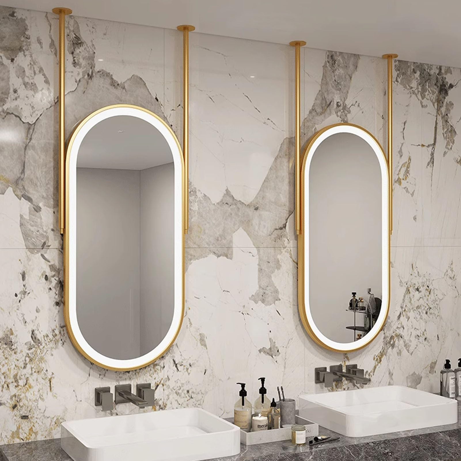 Espejo de Maquillaje Dorado con luz para Techo, Espejo Ovalado con Marco de Metal y Luces LED, Espejo de tocador de baño suspendido con Barra para Colgar en el Techo.(40cmx70cm)