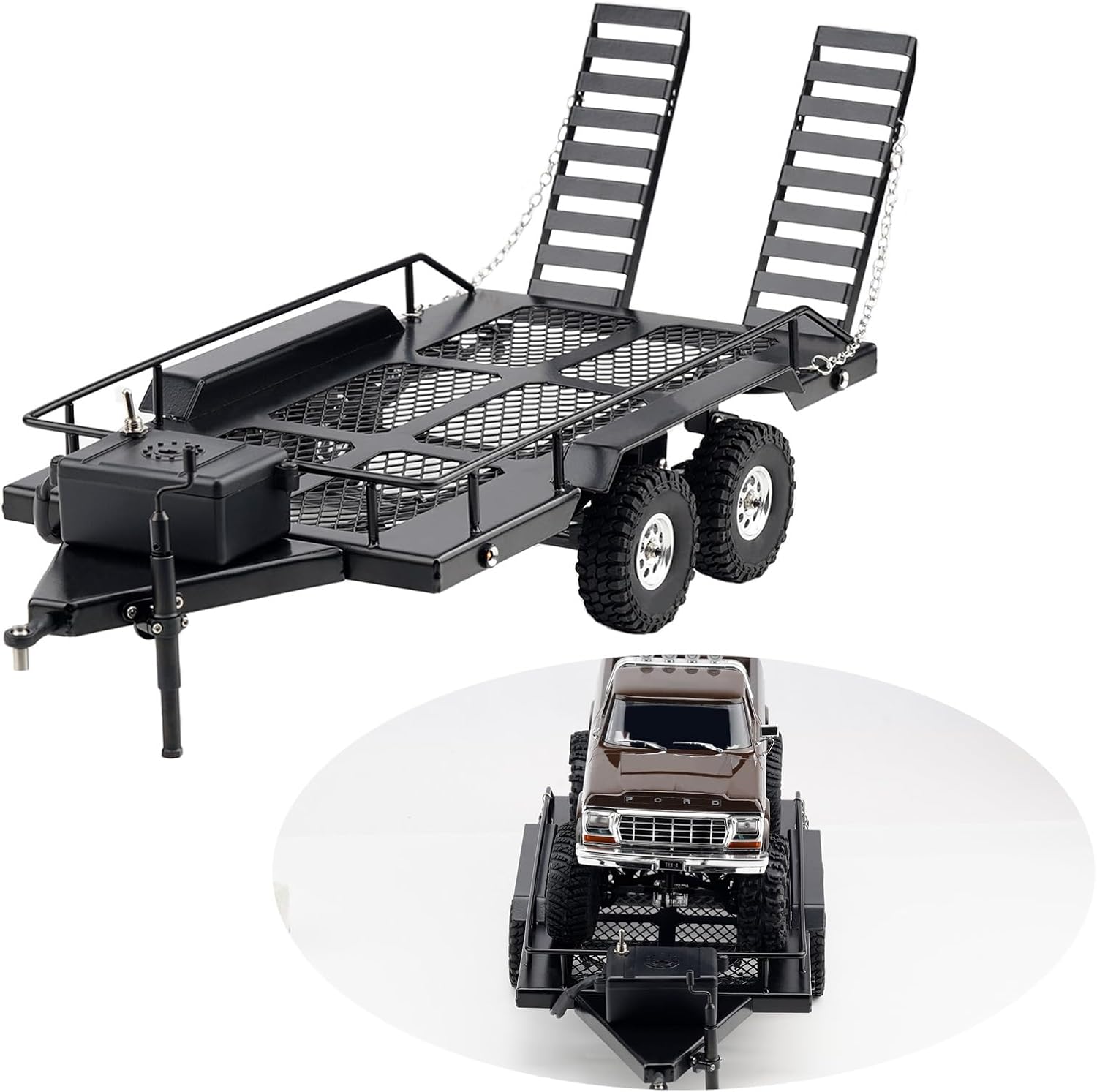 DJX RC Trailer Metal Hitch Mount Trailer with Led Light for TRX-4M FCX18 F150 Redcat Ascent18 HPI Venture-18 SCX24 AX24 FCX24 Etc 1/18 1/24 Upgrades Parts Accessories