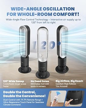 Dual-Tech Bladeless Tower Fan, Ultra-Quiet DC Motor, 2-in-1 Cooling, Heating | UL Listed PTC Ceramic Fast Heat, Auto Shutoff, Sturdy Base, Cooler and Heater Floor Fan Combo for Indoor Use, Large Room