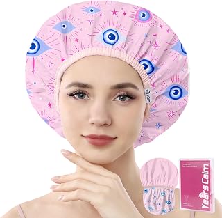 Years Calm Evil Eye Shower Caps for Women Reusable Waterproof, Pattern and Solid Color Dual-Layer Design, Hair Cap for Shower with Elastic Band, Fits Braids, Dreadlocks & Long Hair (Pink)