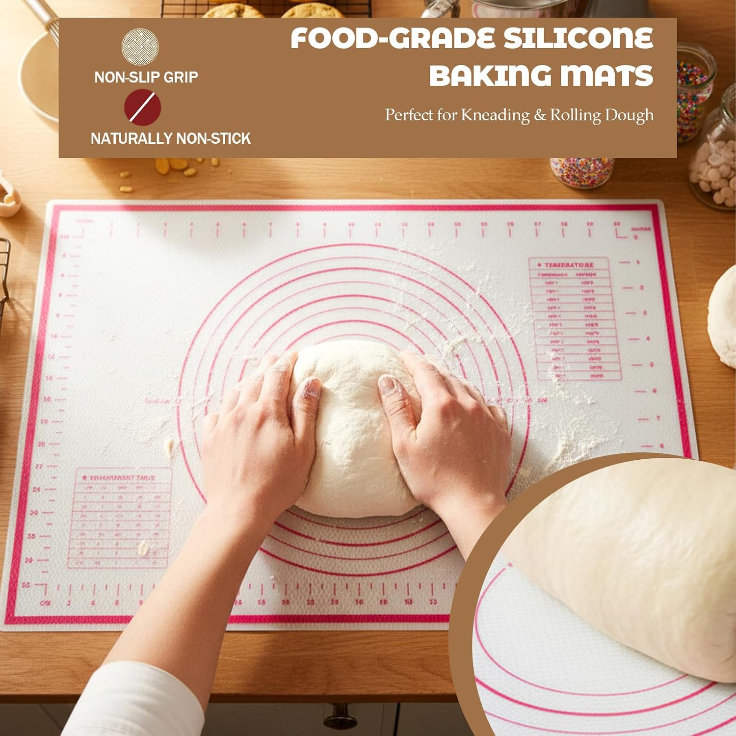 Silicone Baking Mat 23.6" × 15.7" Extra Large Pastry Dough Mat with Measurements For Rolling Dough Bread Pizza Pie Crust Fondant Making Oven Liner Kitchen Counter Non-Slip Non Stick Reusable