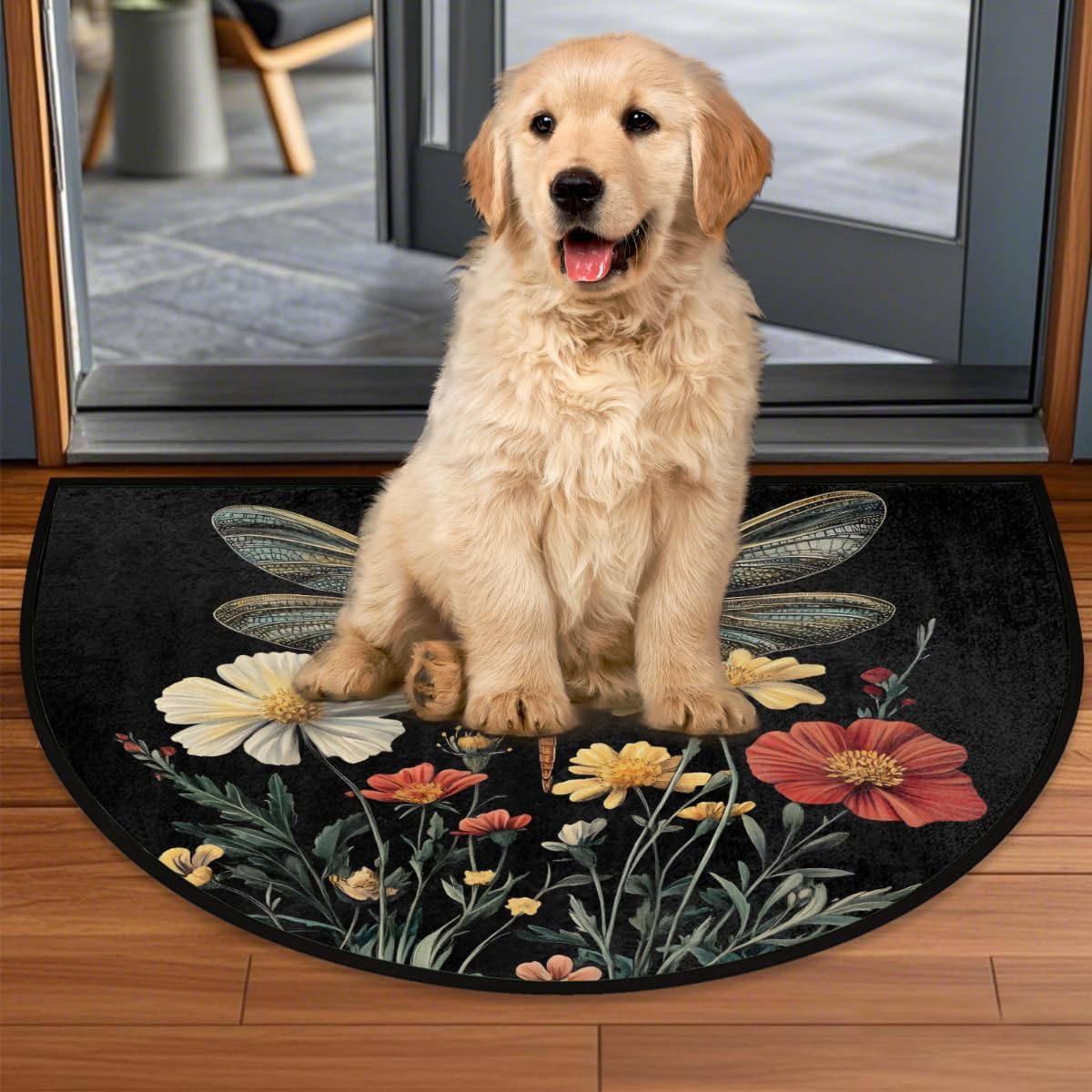 Front Door Mat Indoor Outdoor Entrance, Dragonfly Flower Floral Half Round Door Mat Absorbent Non-Slip Backing Welcome Doormat Patio Entryway Low Profile Floor Mats for Kitchen Fireplace 36" x 24"