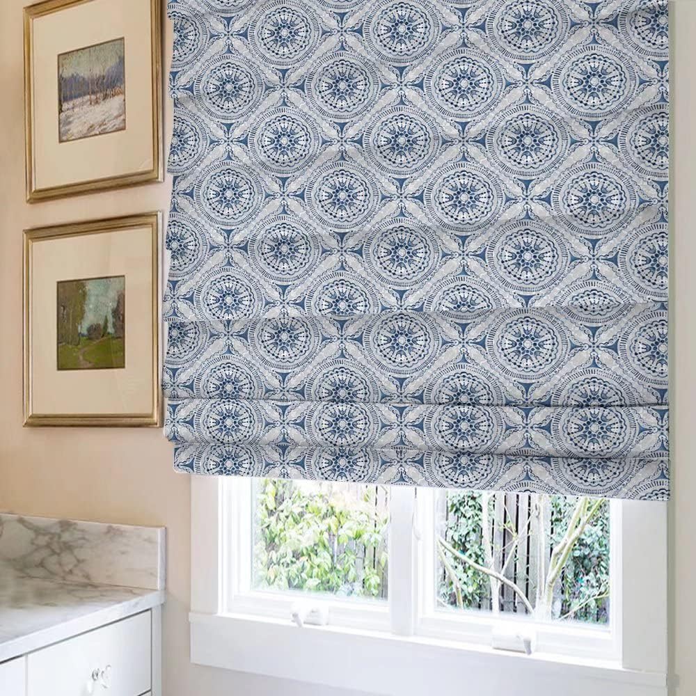 Roman Shades Window Shades, Blue Pattern Blackout Light Filtering Custom Window Roman Blinds, 10% Linen Fabric Roman Shades for Windows, French Doors, Doors, Kitchen Windows (1 Piece)
