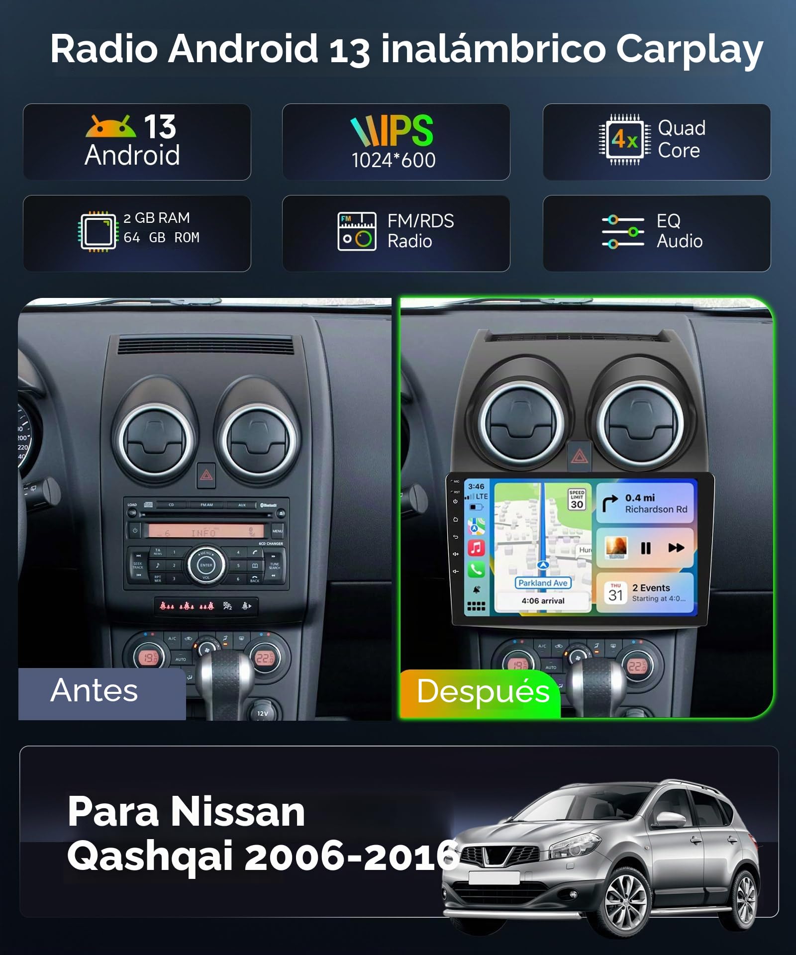 Radio de coche Android 13 para Nissan Qashqai 2006-2016, pantalla táctil de 9 pulgadas con cámara de retroceso, CANbus/DSP/Wireless CarPlay/Android Auto/Bluetooth/26UIs/AHD