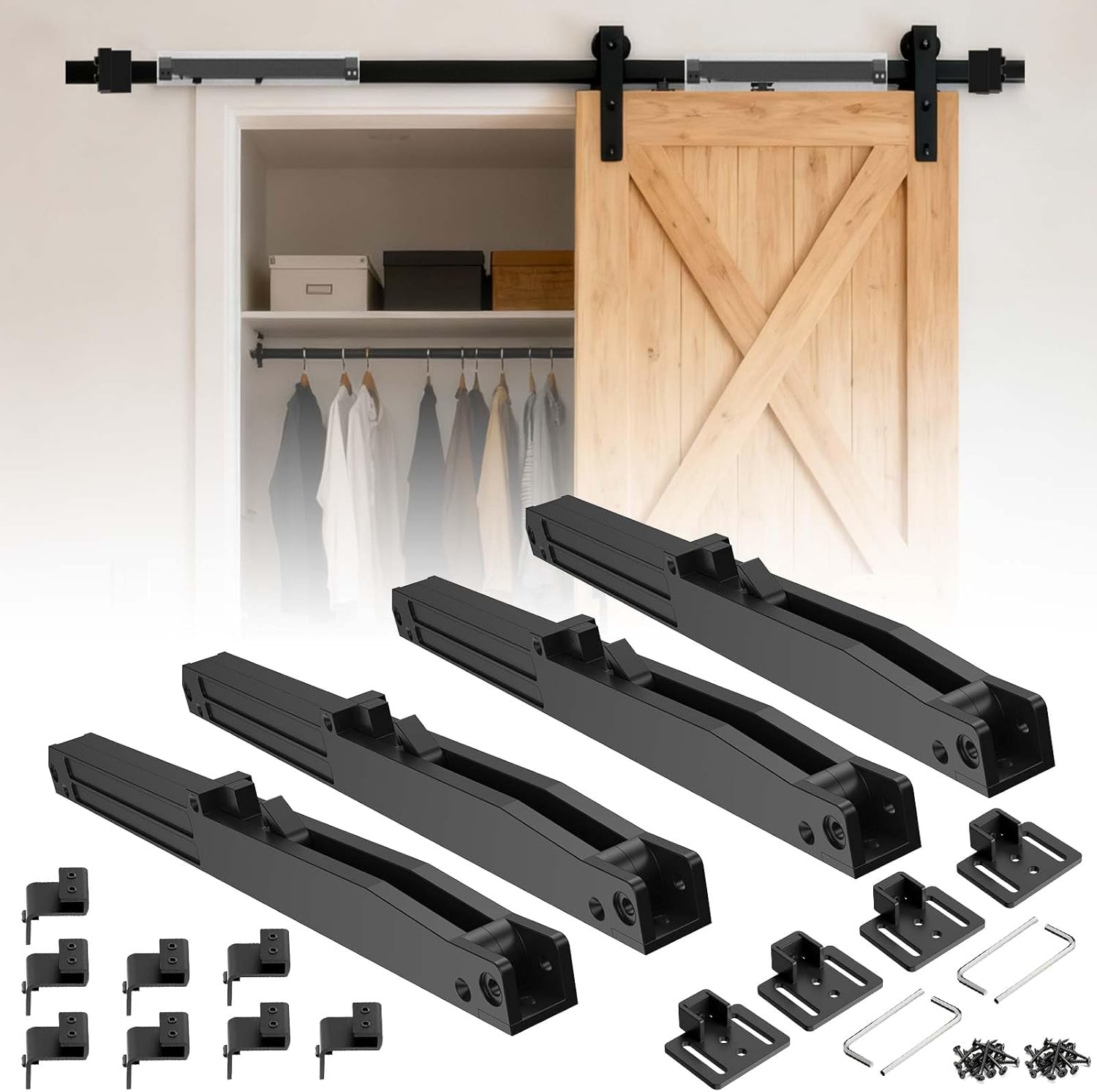 Barn Door Soft Close Mechanism, 4PCS Hole-Free Design for Doors 88-132 lbs, with Spring Buffer Damper & Adjustable Stoppers for Smooth & Quiet Sliding Door Hardware