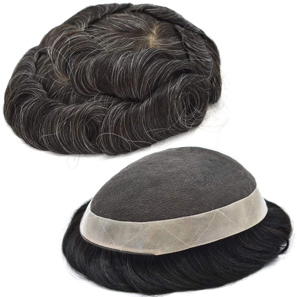 Toupee for Men LYRICAL HAIR French Lace Mens Human Hair Replacement System Breathable Durable NPU Poly Coating Around Hairpiece Wig for Men (8"x10", #1B20 Off Black+20% Gray-120% Med light to Medium Density)