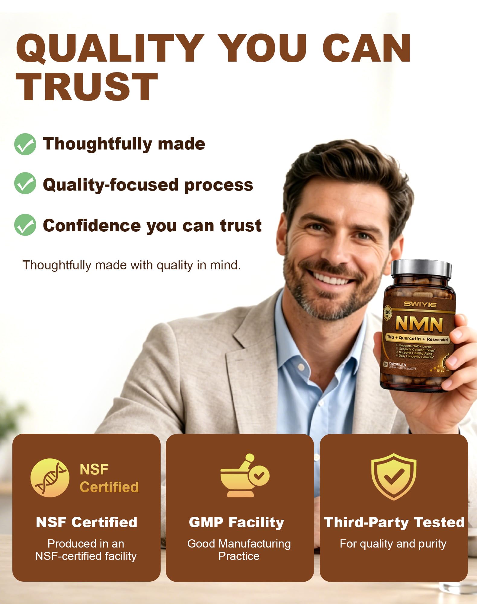 NMN NAD Supplement 1100mg,90 Capsules,Dietary Supplement4-in-1 Enhanced with Quercetin &Resveratrol & TMG | NAD+ Support & Optimizer for Cellular Energy, Anti-Aging — Amazon image 5