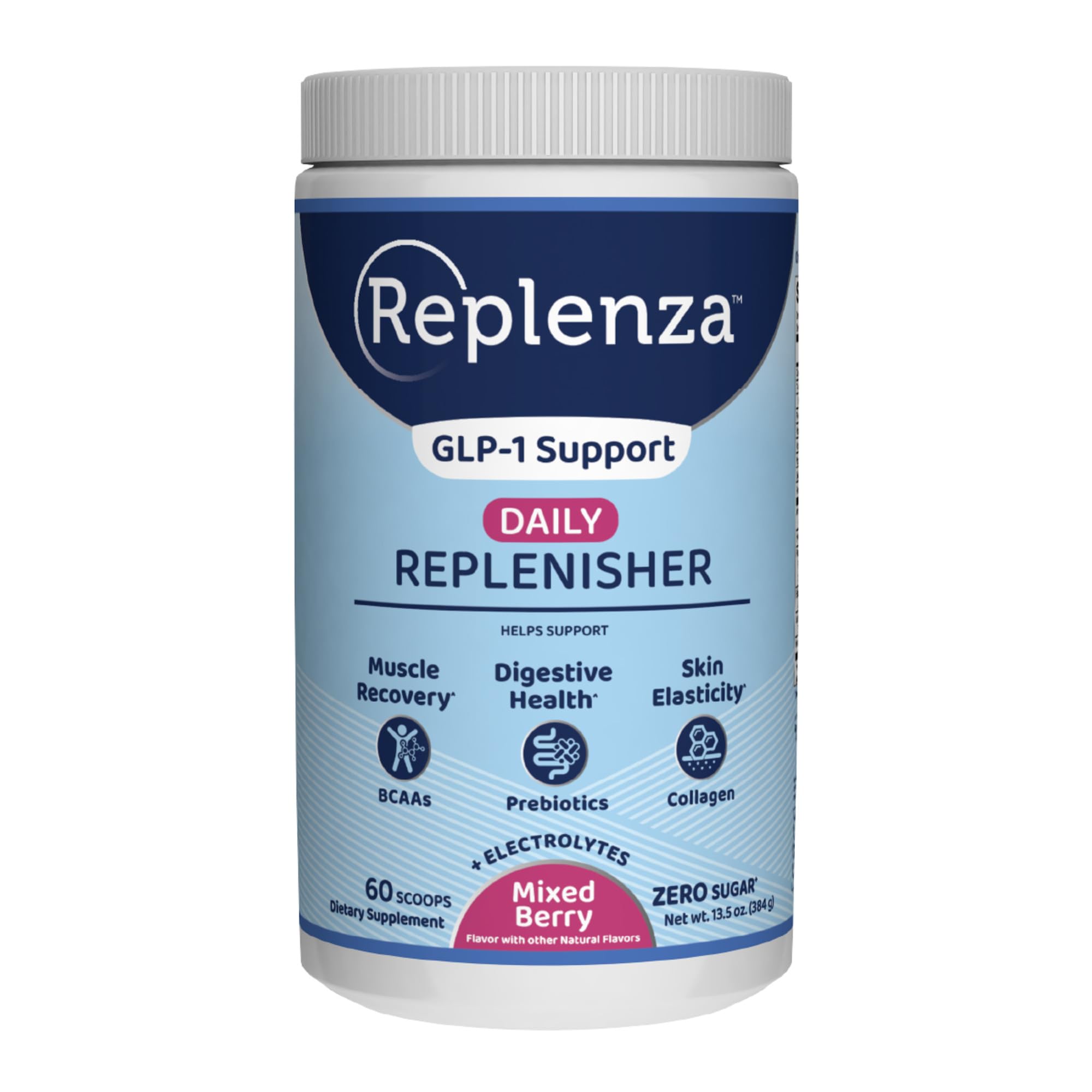 Replenza Daily Replenisher GLP-1 Nutritional Support, Powder, Muscle Recovery, Digestive Health & Skin Elasticity Mix of Amino Acids, Prebiotics and Collagen Peptides – Berry Flavor, 60 Scoops,13.5 OZ