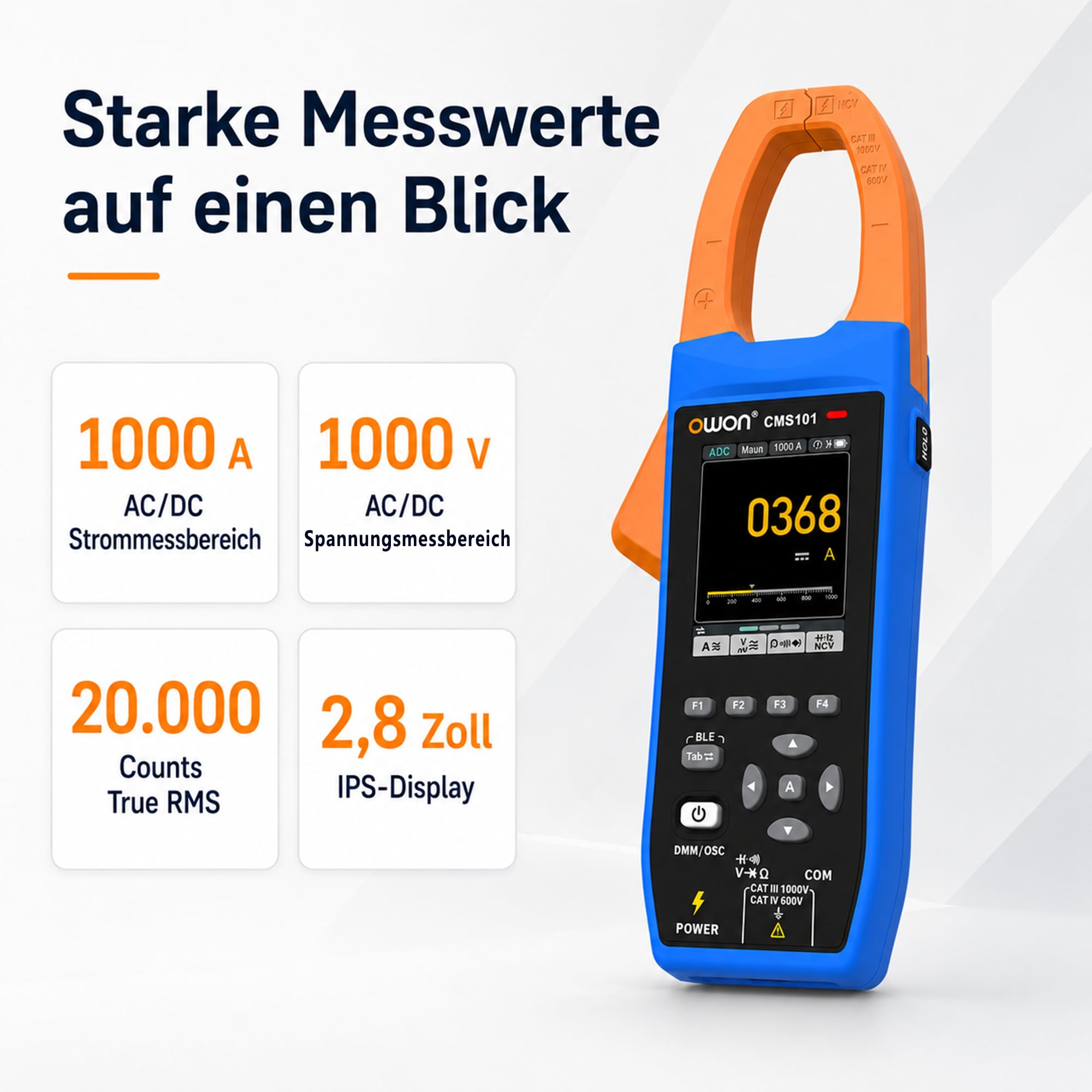 CMS101 3-in-1 AC/DC Stromzange mit Oszilloskop, True RMS, 1000A/1000V, 5MSa/s Wellenformanzeige, Bluetooth-Logging, Einschaltstrom, 20.000 Zählwerte, wiederaufladbar für Elektro-, HLK- und Kfz-Diagnos
