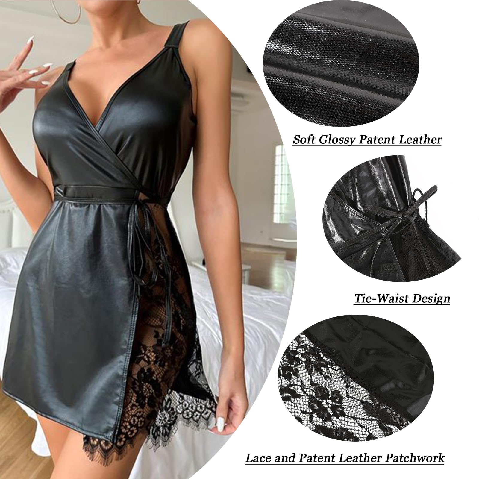 ROSVAJFY Robe Sexy Femme Simili Cuir Look Mouillé Nuisette Dentelle Patchwork Lingerie Coquine Robe Club à Col V Chemise Nuit à Lacets Bretelles Tenue Soirée Chic pour Cocktail Outfit Rave Brillantes