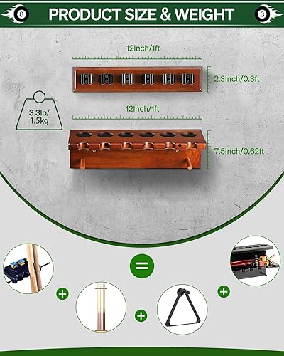 Vista 12 de Soporte para palos de billar para billar, soporte para tacos de billar, soporte para tacos de piscina de madera maciza de roble para 6 palos, Negro