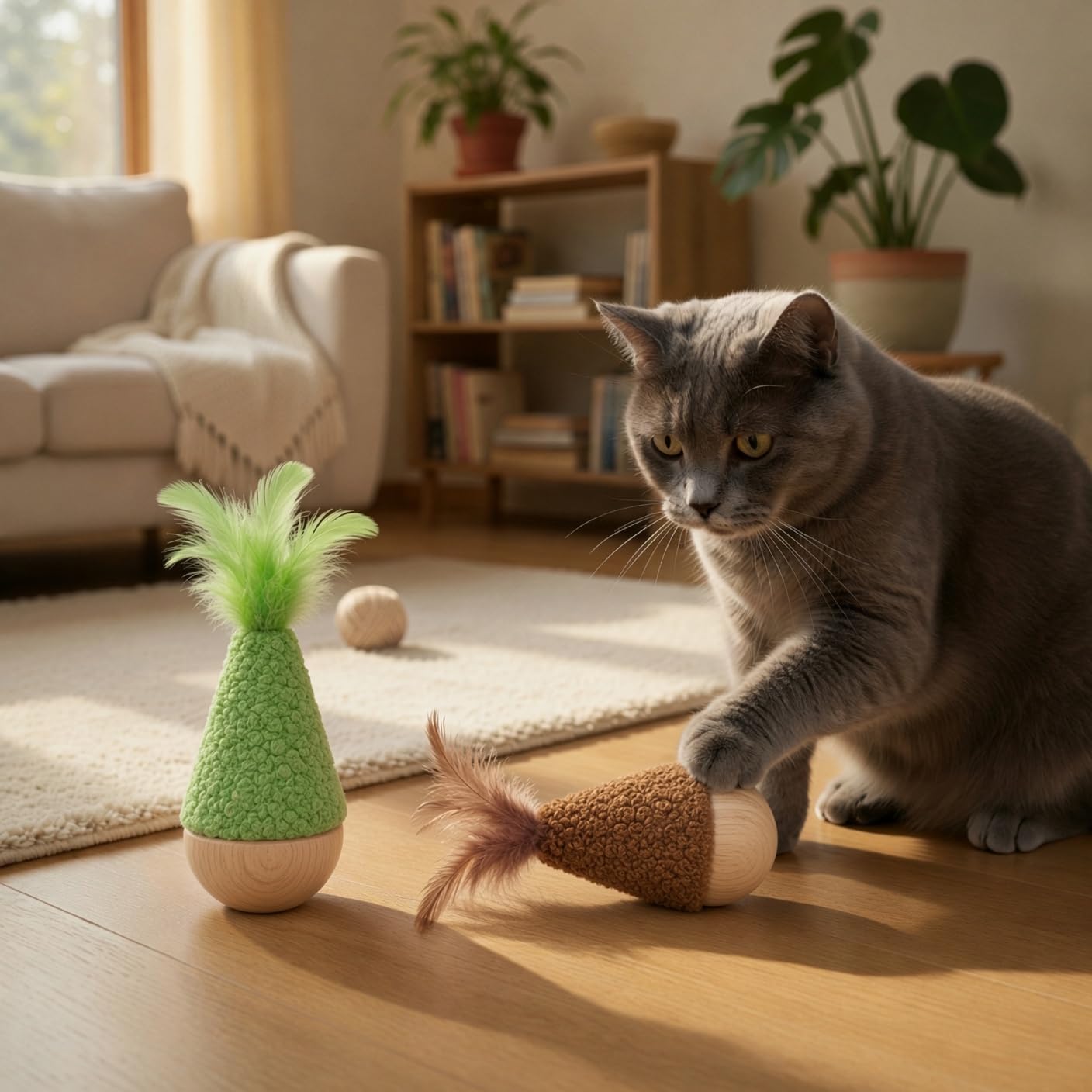 2 Pack Cat Feather Toys Wooden Tumbler - Interactive Wobble Self-Righting Plush Stuffed Toys for Indoor Cats & Kittens, Catnip Free Cute Kicker Chaser Set image 5