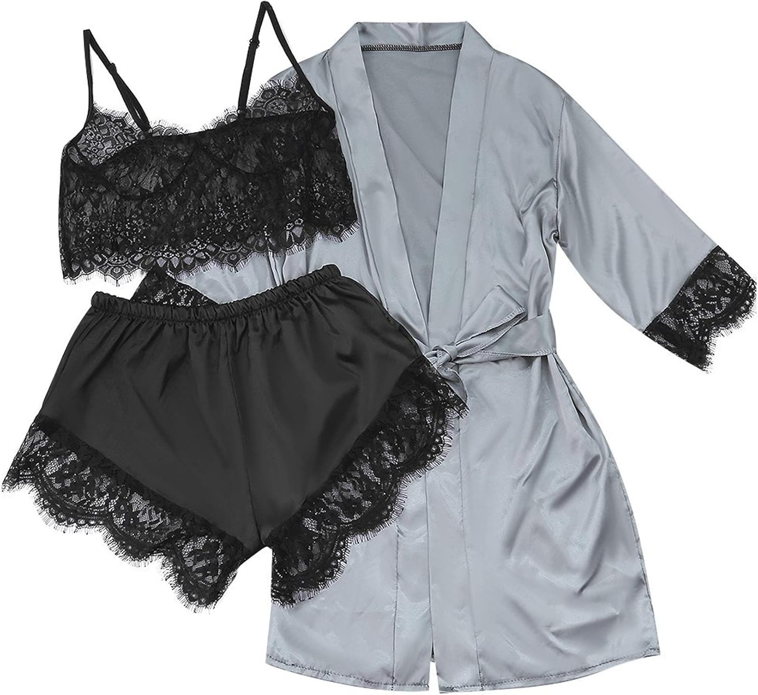 Andongnywell Womens Plus Size Pajamas Sets Sexy Robe Satin Slip Silk Nightie V Neck Halter Tops with Shorts Underwear Suits