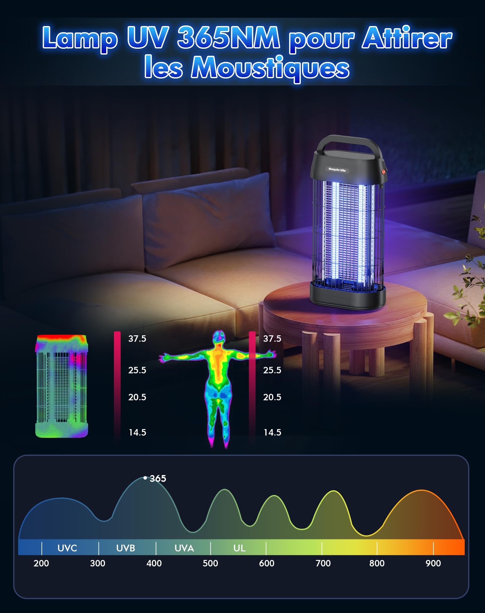 Lampe Anti Moustique 3000V, Tue Mouche Électrique UV 16W, Lampe Anti Mouche avec Crochet Portable, Sécurisé, Éco-Énergétique et Silencieuse, pour Intérieur et Extérieur (100m²)