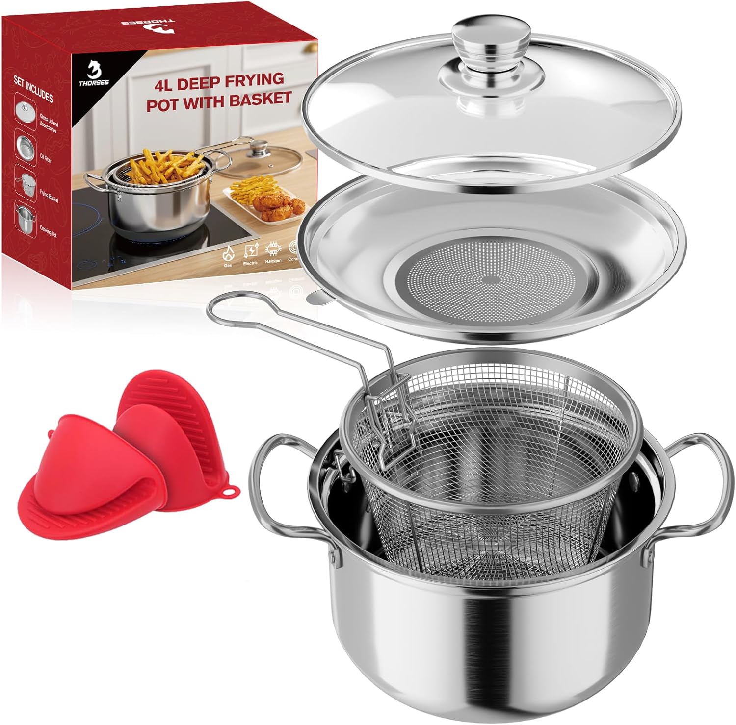 4L/4.2Qt Deep Frying Pot with Basket, Multi-Functional Stainless Steel Stove Top Deep Fryer Pot with Basket and Lid & Oil Strainer For Frying, Stewing, Boiling for Home Use