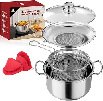 4L/4.2Qt Deep Fryer Pot with Basket, Small Multi-Functional Stainless Steel Stove Top Deep Frying Pot with Basket and Lid & Splatter Guard For Frying, Stewing, Boiling for Home Use