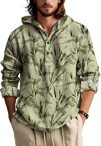 Mens Hooded Long Sleeve Button Down Shirt Japanese Wave and Floral Print Lightweight Casual Top for Beach Vacation