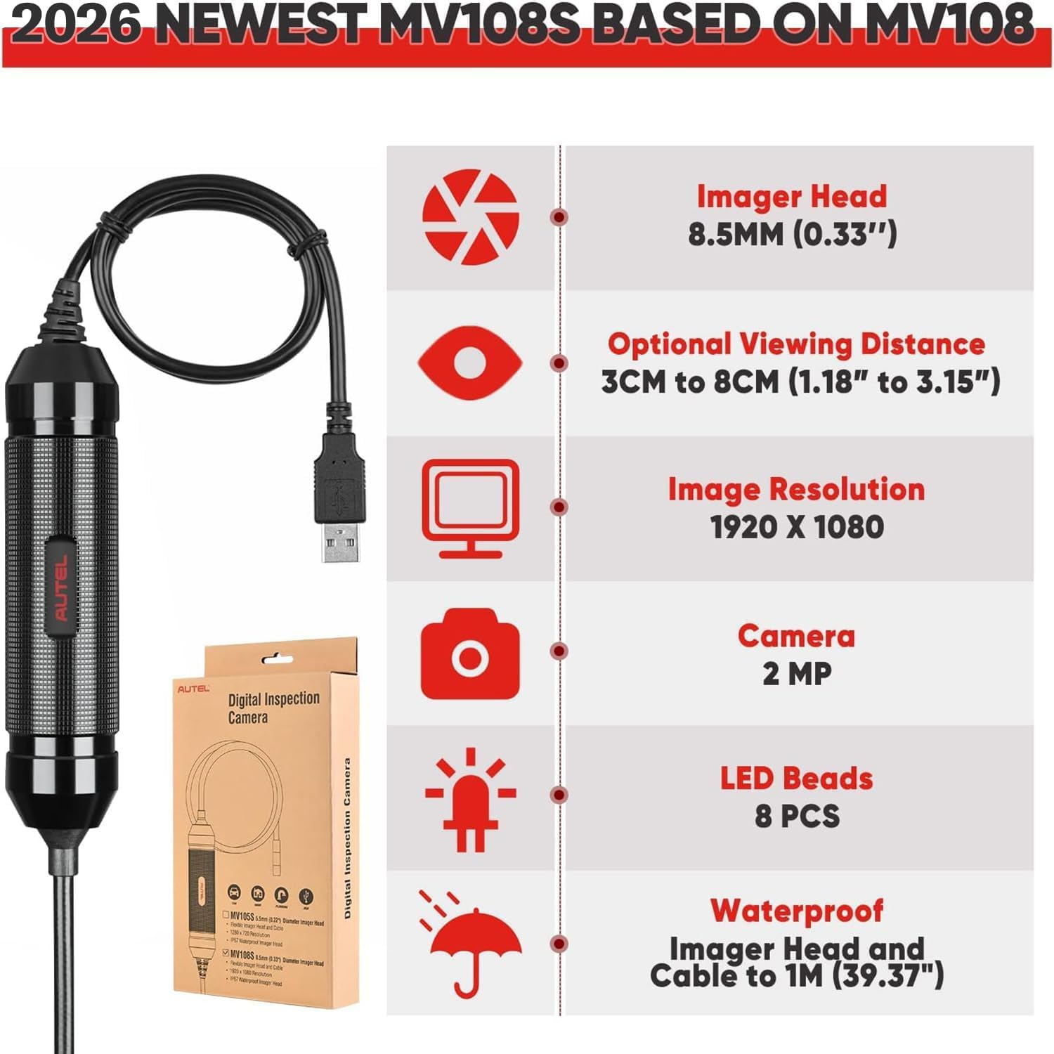 Autel MaxiVideo MV108S Borescope Inspection Camera, 2026 Endoscope with 8.5mm Waterproof Image Head, Work w/All Autel Scanners MK808 MX808 MX900 MK900