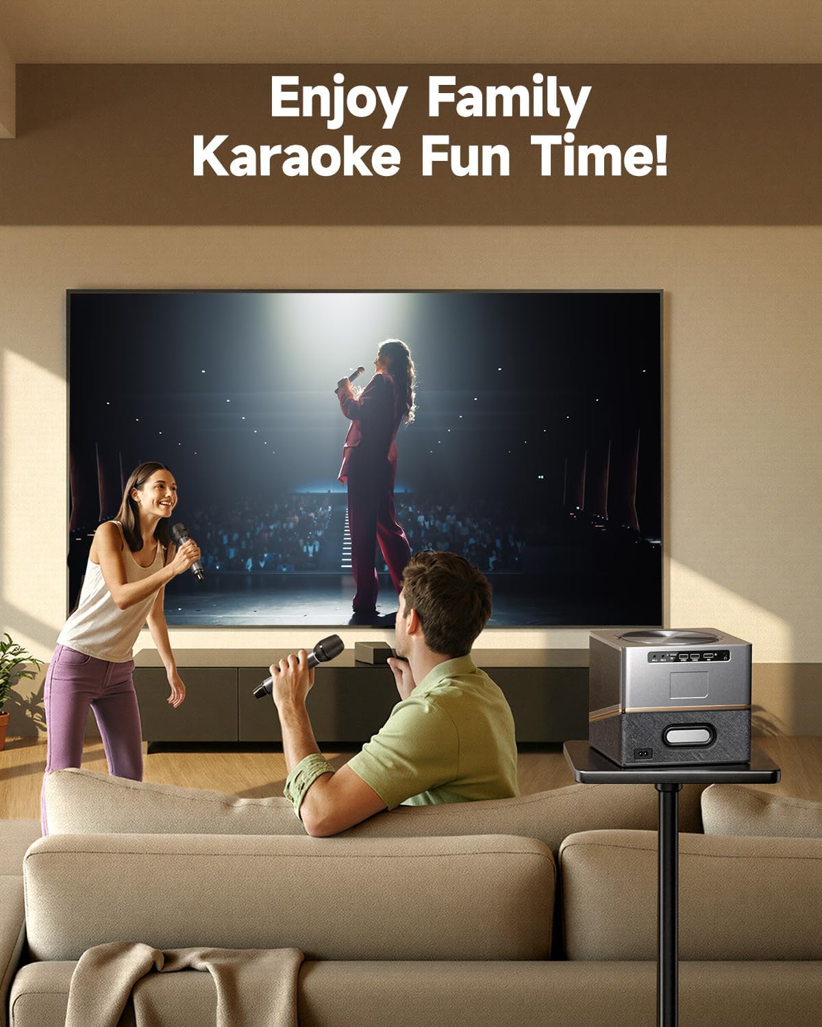 Moukey MTV30 All-in-One Karaoke Machine Projector, with Dual 4-inch Woofers, 40W RMS 120W Peak Power, Powerful Sound, Passive Radiator, Smooth System, Supports 45-250" Giant Screen Projection