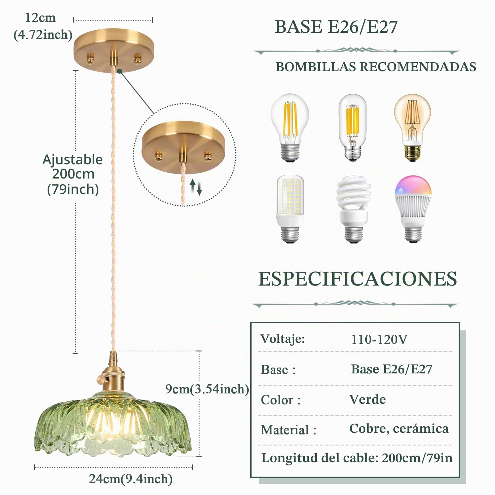 Lámpara colgante de cristal, lámpara de techo verde, E27 25 cm, lámparas colgantes de techo, lámpara de techo vintage, lámpara de araña para cocina, isla, dormitorio, pasillo, estudio