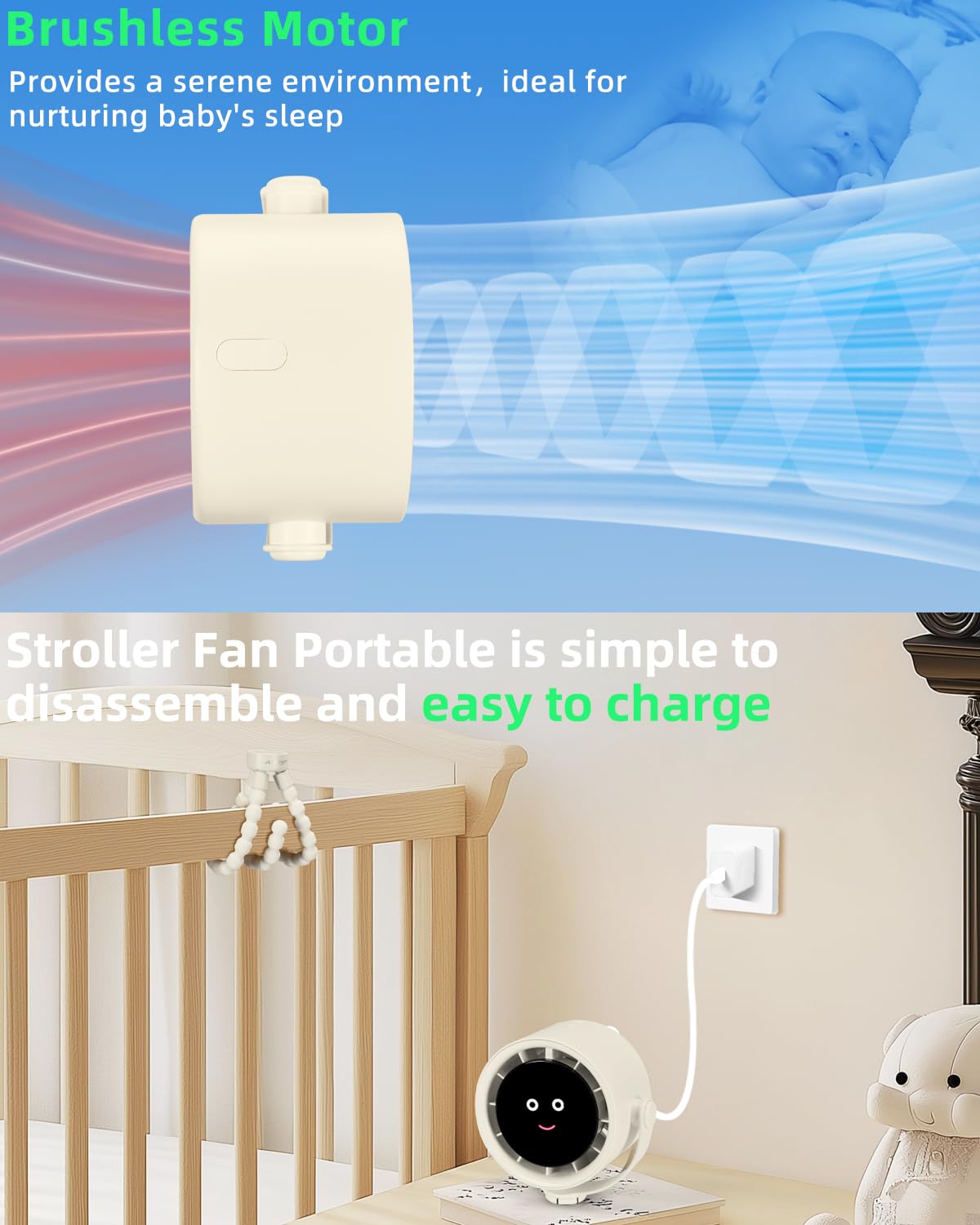Akejrym Ventilatore per passeggino portatile, ventilatore personale da viaggio, Air Turbo Tech e display digitale, rimovibile a 5 velocità, ricaricabile, rotazione a 360°, treppiede flessibile, per