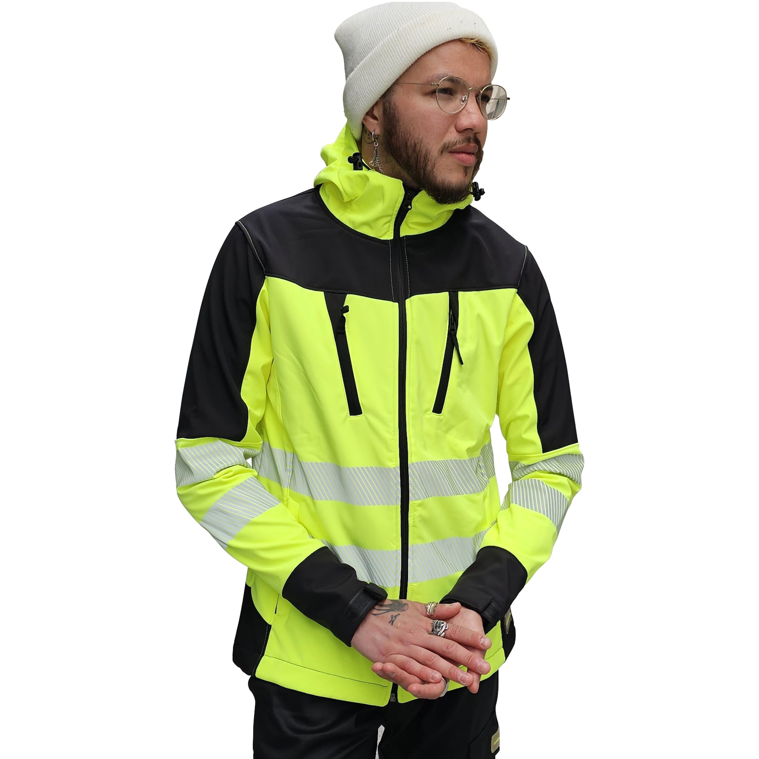 Giacca da lavoro da uomo ad alta visibilità, ad alta visibilità, ad alta visibilità, ad alta visibilità, con cappuccio, cappotto di sicurezza altamente visibile, giacca softshell, antivento,
